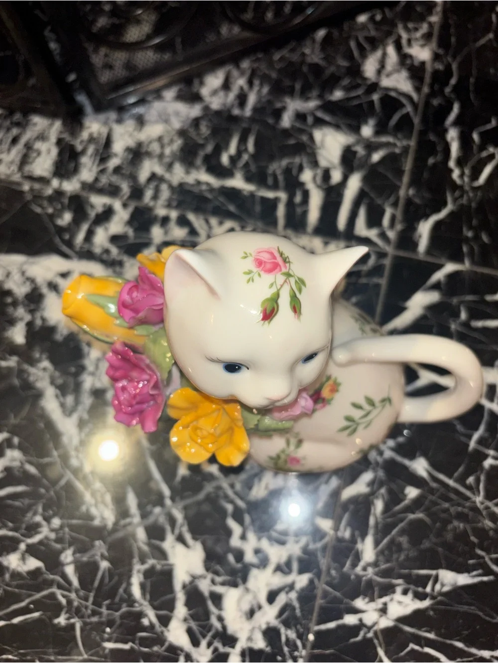 Royal Albert White Ceramic Cat Pitcher with Pink and Yellow Floral Bouquet